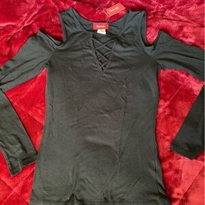 Black Cold-Shoulder Long Sleeve Top with Crisscross V-Neck